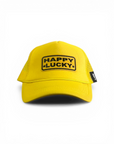Yellow cap with 'Happy Lucky' logo on a white background