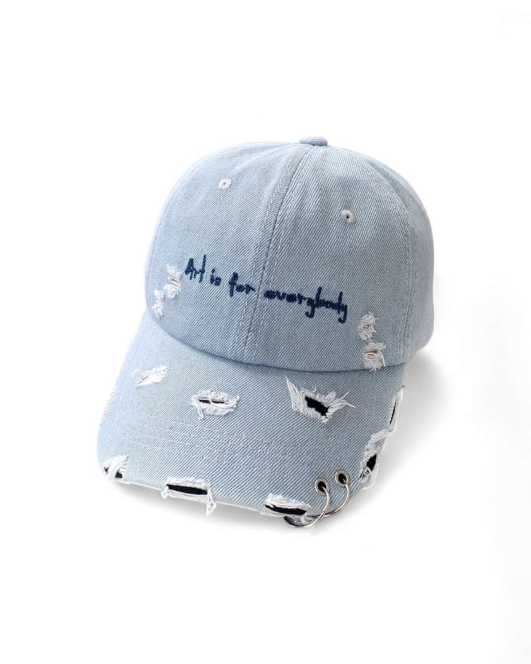 Light blue denim cap with distressed details and embroidered text
